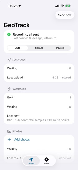 GeoTrack Status screen: recording with everything sent, the last position seconds old and within 5 m, Auto mode selected, and a workout sent with its heart rate samples and route points